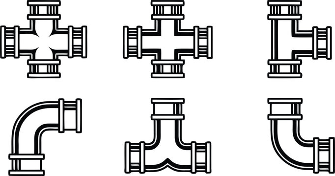 Set of six ultra-clean plumbing pipe joint in black and white style plumbing system