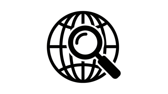 A black icon of a magnifying glass over a globe, representing search