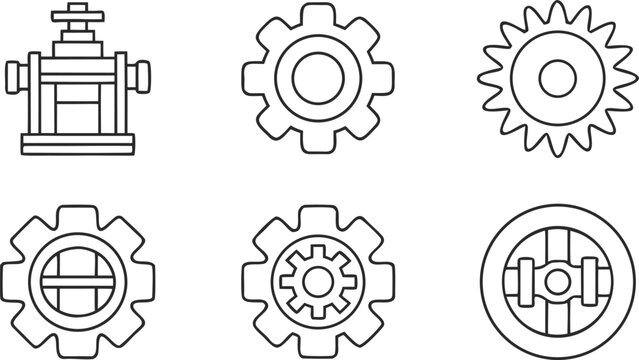 Black and white line of industrial gears, mechanical components, and assembly diagrams