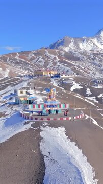 Vertical Aerial View of Buddha Statue at Langza Village Spiti Valley Himachal Pradesh India