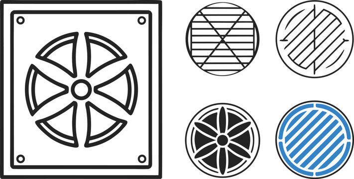 Minimal black and white hvac ventilation system symbols on white background, hvac symbols