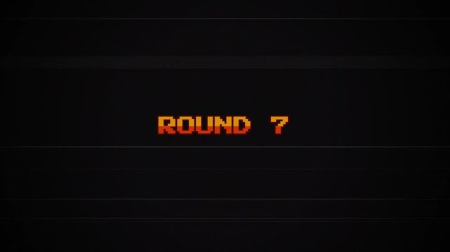 Retro 8-Bit Round 7 Pixel Text Animation, Vintage Arcade Game Screen, Glitch VHS Interference, CRT Scanlines, Classic Gaming Level Transition 4k video