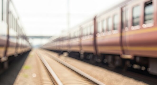 Blurred background of two trains on parallel tracks at a station.