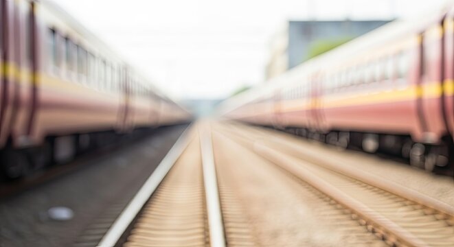 Blurred view of two trains on parallel tracks at a station.