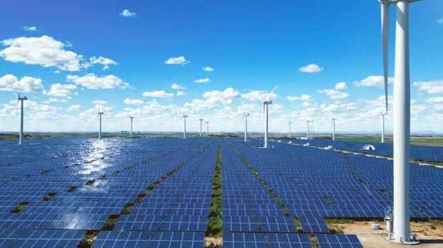 A captivating aerial view showcases the vast expanse of a sprawling solar panel field, punctuated by the elegant rotation of towering wind turbines under clear blue skies.