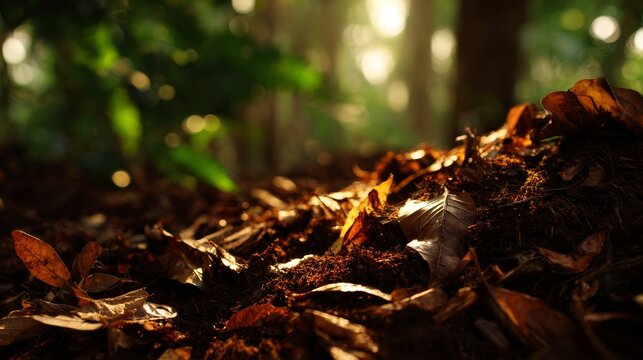 Rich layers of organic waste and fallen leaves decomposing on the forest floor, showcasing natural recycling and soil enrichment