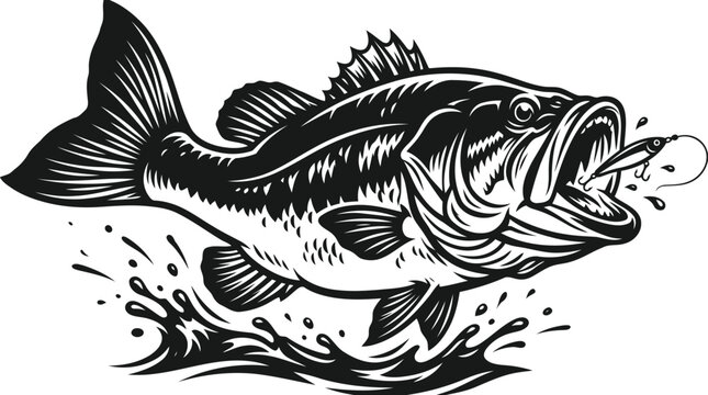 Large mouth bass jumping out of water to bite lure
