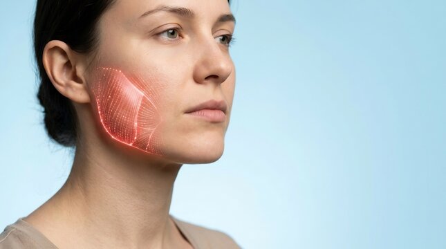 Woman with jaw pain visualization showing facial muscle tension and inflammation in red glowing grid