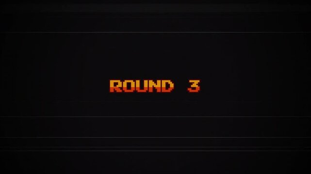 Round 3 8-Bit Pixel Text Animation, Retro Arcade Game Interface, Glitchy CRT Monitor Effect, Vintage Video Game Screen, VHS Interference, Analog Static 4k video