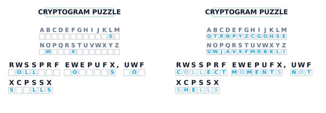 Cryptogram puzzle game template. Word decoding activity with answer key. Flat vector illustration