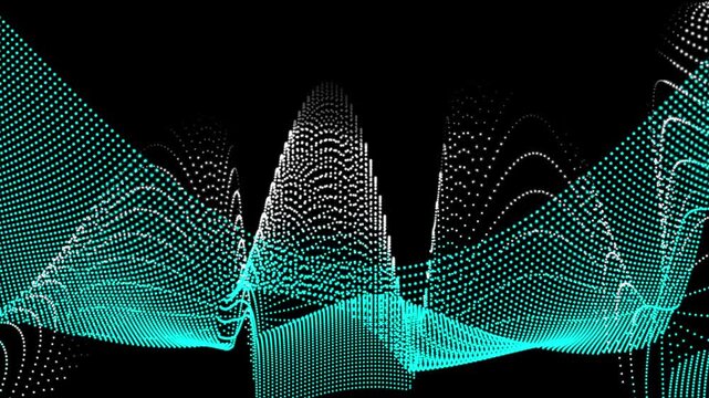 Abstract digital graphic with cyan dotted waves on black background. Suitable for web design, social media, and technologyrelated projects.
