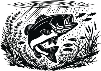 Largemouth bass leaping from water with aquatic vegetation vintage engraving © Shohag