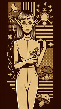 Enchanting elf woman fantasy portrait, a mystical illustration of a serene maiden with pointed ears, holding flowers, surrounded by celestial sun, moon, stars, and earthy patterns