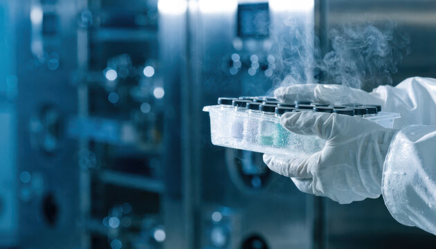 Cryogenic storage vials held with gloved hands in cold laboratory emitting vapor and sterile atmosphere