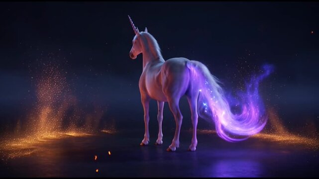 Magical unicorn with glowing stardust tail in dark space