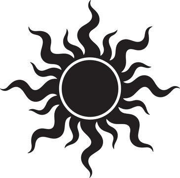 Black sun silhouette icon on white background, solar symbol, astronomy and weather illustration, sunny day graphic element, eclipse representation.
