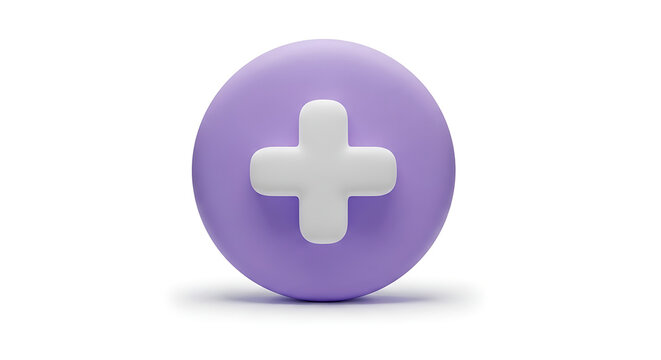 Soft purple 3D round plus sign icon for medical or addition concept with positive increase interface application addition mathematics
