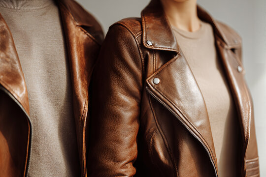 Stylish Couple in Brown Leather Jackets Showcasing Contemporary Fashion