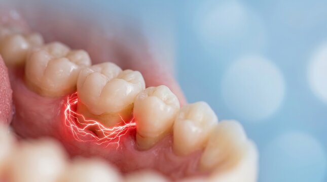 3D render of human teeth and gums showing tooth sensitivity and dental pain with red glowing electrical sparks