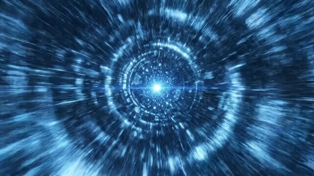 Sci-fi blue hyperspace tunnel with fast motion light trails
