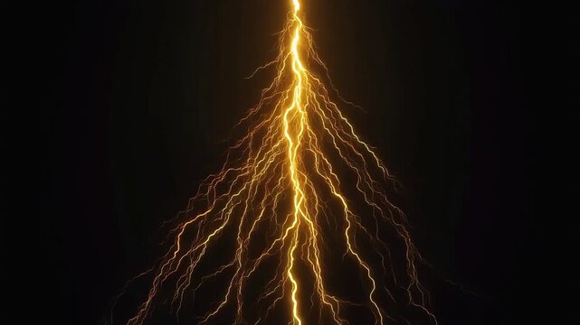 Yellow lightning bolt striking downwards with intense electrical discharge and branching plasma sparks against a deep dark black background