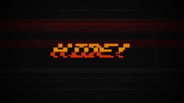 Retro 8-bit HIDE! pixel text animation with glitch effect, Vintage Arcade Style, VHS CRT scanline interference, Digital Noise, Old school gaming UI 4k video