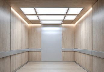 Fototapeta premium Interior perspective of an elevator cabin with light wood paneling, a reflective white panel, and a ceiling with integrated lights