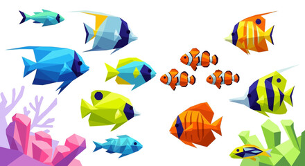 Colorful Low Poly Fish Schooling in Coral Reef © Vinci
