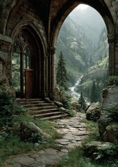 Obraz premium Mystical archway overlooking a serene forest landscape with a river.