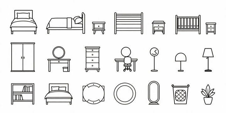 Architectural bedroom furniture symbols collection, top view 2D CAD vector blocks, beds, wardrobes, side tables, rugs, clean technical drawing style, monochrome interior floor plan assets