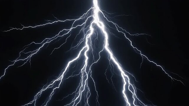 Bright lightning strike branching across dark night sky creates intense electrical surge in this dramatic high quality 4k video clip
