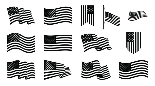 American flag vector icons set, black and white waving USA flags collection, patriotic United States national symbols for Fourth of July and Memorial Day
