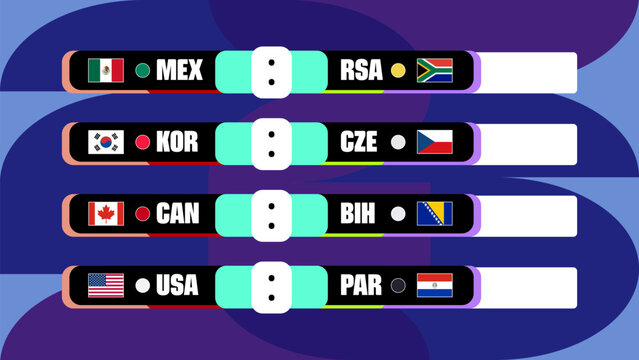 Sports broadcast scoreboard for match results with national flags icons.