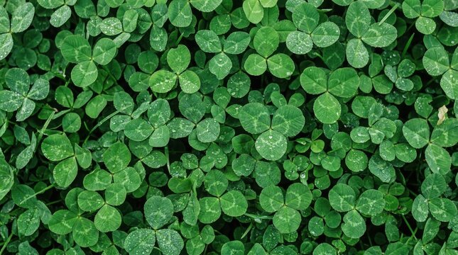 Fresh green clover leaves background  of a lush field of trefoil plants with dew drops, natural pattern of shamrocks
