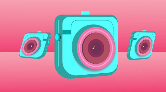 Three teal cameras with pink lenses on red background Vector