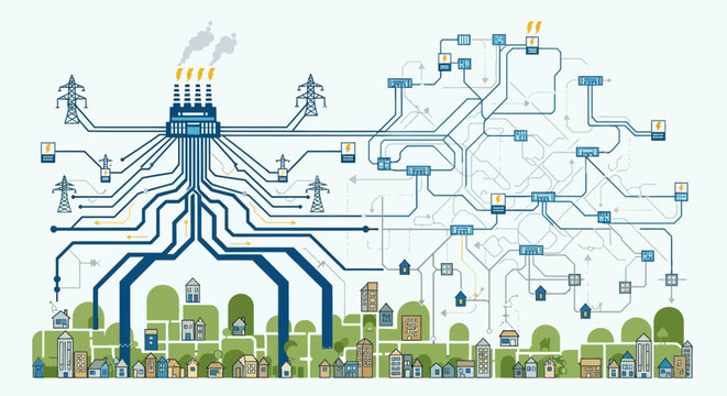 Conceptual illustration of a smart grid electricity distribution network connecting homes and industries to power generation