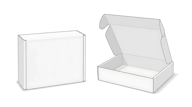 Blank white cardboard mailer boxes with one open and one closed for product packaging and shipping mockup