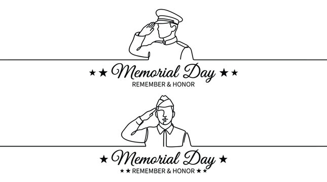 Memorial day line art badge with salute soldier and patriotic remembrance theme