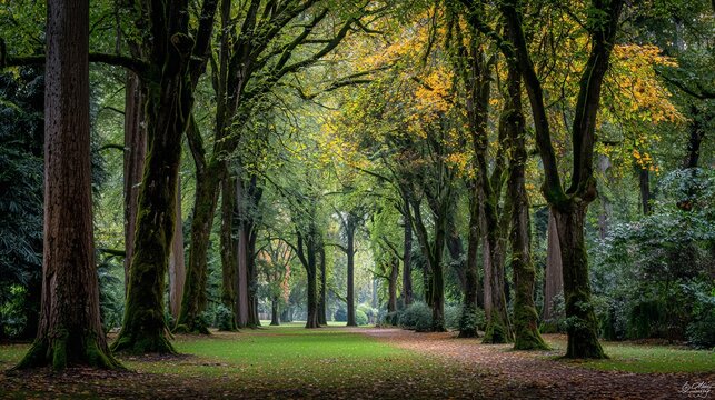 A serene tree-lined pathway in a verdant arboretum displaying a rich variety of tree species and lush foliage.