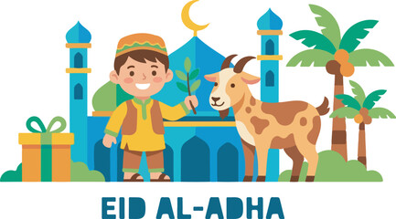 Naklejka premium Eid al-Adha Illustration with Muslim Boy, Sacrificial Goat, and Mosque