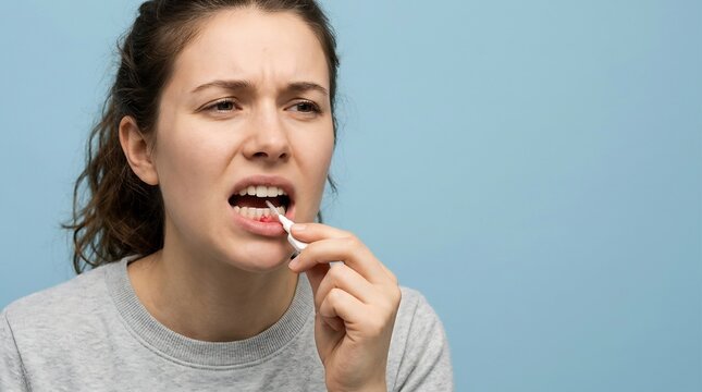 Young adult woman using an interdental brush for oral hygiene with a pained facial expression on a blue background