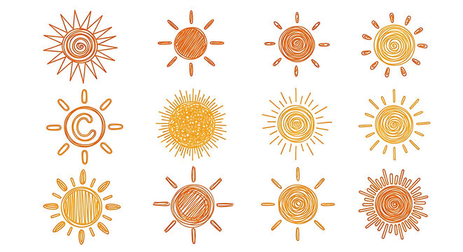 Set of various hand-drawn sun shapes and solar weather icons with handdrawn sunlight illustration abstract