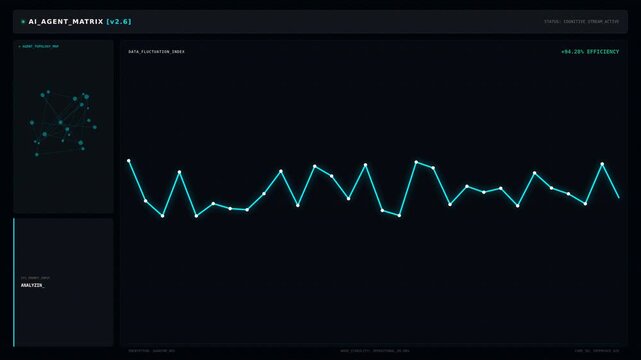 Digital line graph displaying fluctuating data points on a dark background, with interface elements and metrics in a modern tech style