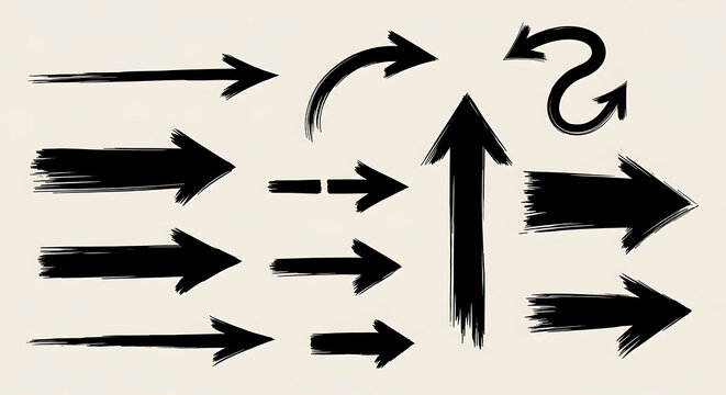 Set of black ink grunge brush arrows for design elements with direction collection scribble elements pointing