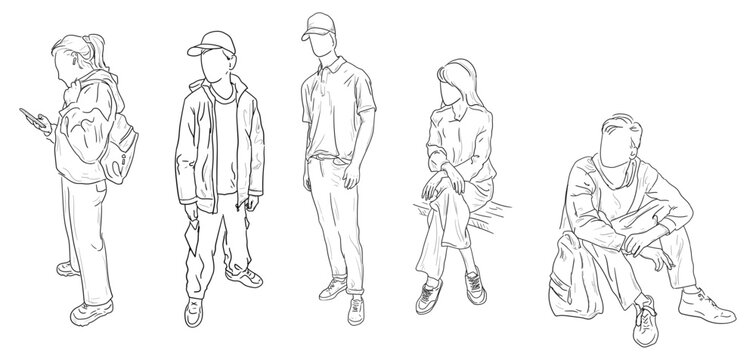 Girl and guy are standing, waiting for taxi or delivery. Vector illustration. Sketch, isolated on background. Girl is communicating on smartphone. Concept of student , courier delivery and queue