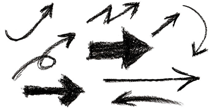 Hand-drawn black charcoal and pencil arrows in various sketch styles including curved straight looped, and thick textured pointers isolated on a transparent background