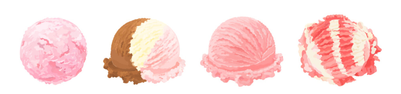 Set of strawberry, Italian stracciatella chocolate and neapolitan ice cream scoop. Summer dessert illustration isolated on white background. Perfect for menu, packaging and dessert design.