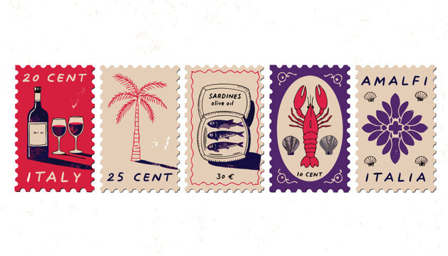 Vintage italian postage stamps collection wine palm tree and amalfi coast