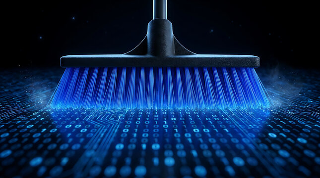 Broom with glowing blue bristles sweeping digital binary code and circuit board patterns representing data cleaning and cybersecurity concepts