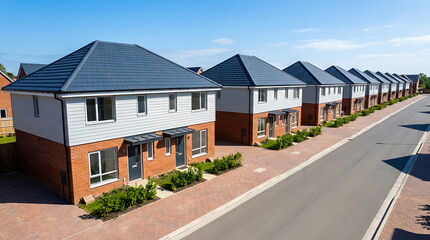 Fototapeta premium Modern residential housing development featuring a row of new build homes with brick facades and paved driveways